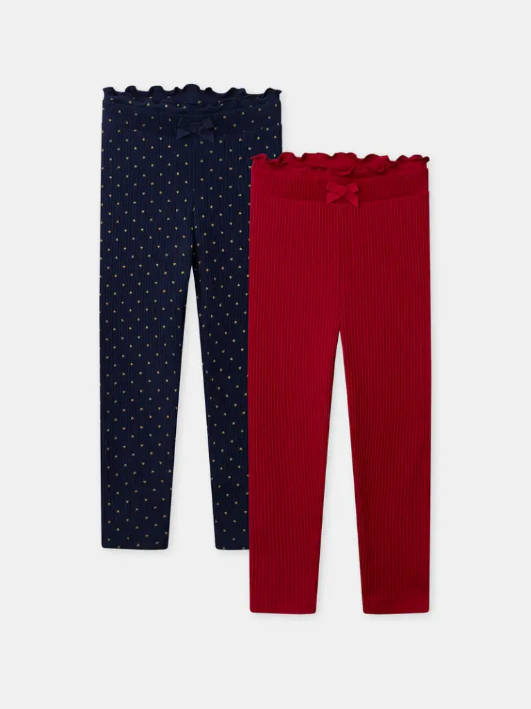 Lot de 2 leggings bleu marine imprimé cœur ou rouge uni Fille