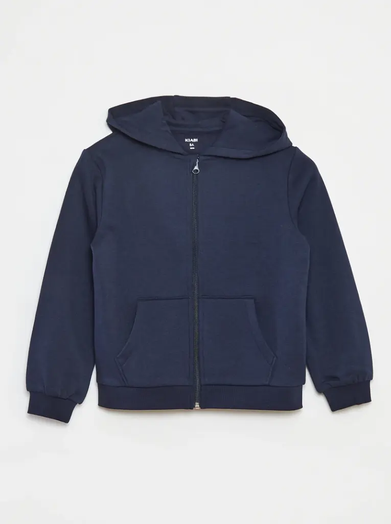 Sweat uni zippé à capuche - Bleu nuit

