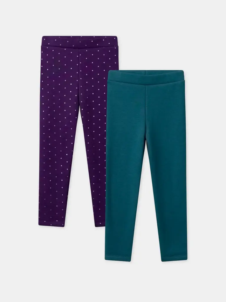 Lot de 2 leggings fourrés violet à pois ou bleu uni Fille 