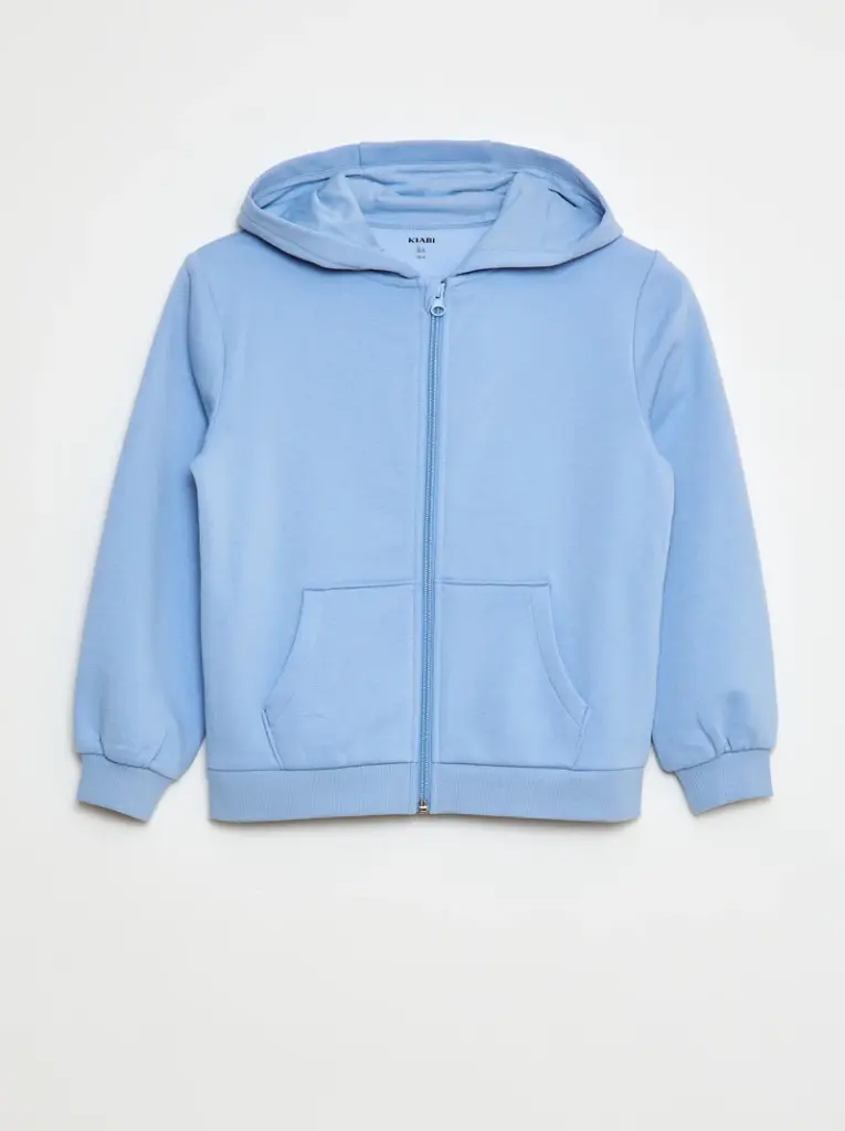 Sweat uni zippé à capuche - Bleu
